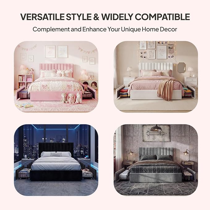 Welzona Queen Upholstered Bed Frame with 4 Storage Drawers, Velvet Upholstered Metal Platform Bed with Vertical Tufted Headboard, 3-Level Height, Metal Slat Support, Noise-Free Easy Assembly, Pink