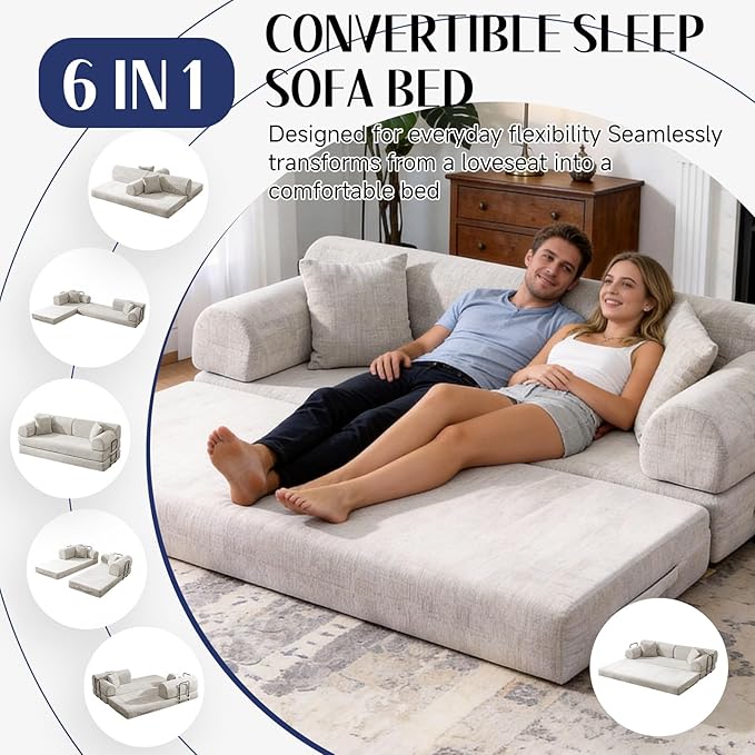 78.8" Convertible Sofa Bed with Detachable Arm Pillow, 6-in-1 Sectional Couches for Living Room, Corduroy Boneless Couch, Sleeper Loveseat Couch Bed, No Assembly, Light Camel Couch