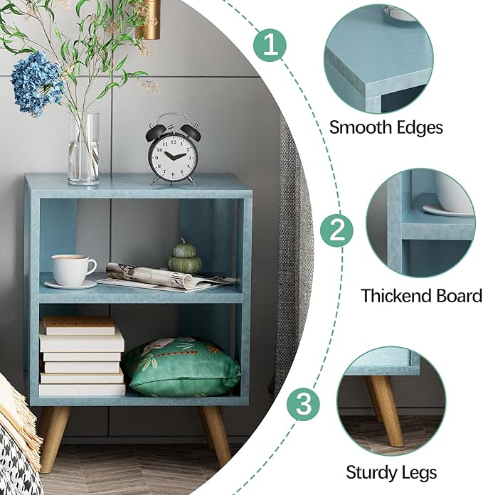 Aenuert Night Stand, Blue Kids Nightstand, Modern End Table with Open Storage, 2-Tier Nursery Bedside Table for Small Space, Living Room, Bedroom