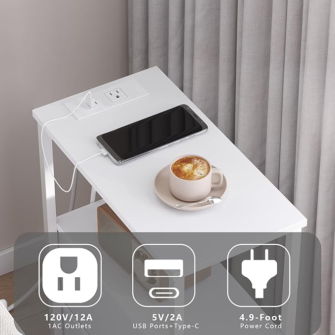 TUTOTAK Small Narrow End Table with Charging Station, Set of 2, Side Table with Outlets, Nightstand with Cloth Drawer, Couch Table, for Living Room, Bedroom, Bedside, White TB01BW058