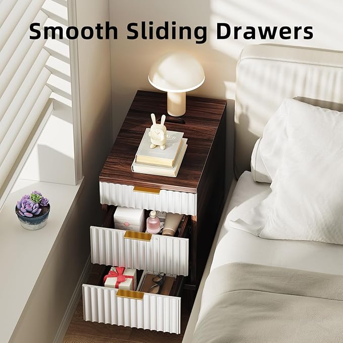Kalrin Charging Nightstand with Hidden Outlets & 3 Drawers, Modern End Table, Bedside Table with USB Ports, Wave Groove Design, Compact Size, Heavy Duty Engineered Wood, Brown & White
