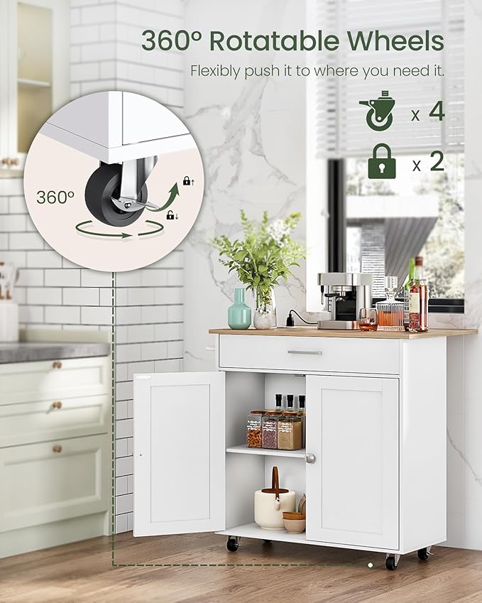 CHOEZON Kitchen Island, Kitchen Island Cart with One Double Cabinet and Drawer, Rolling Storage Cart with Power Strip, with Drop Leaf, for Kitchen, Living Room, White and Natural MZD01UWNN1