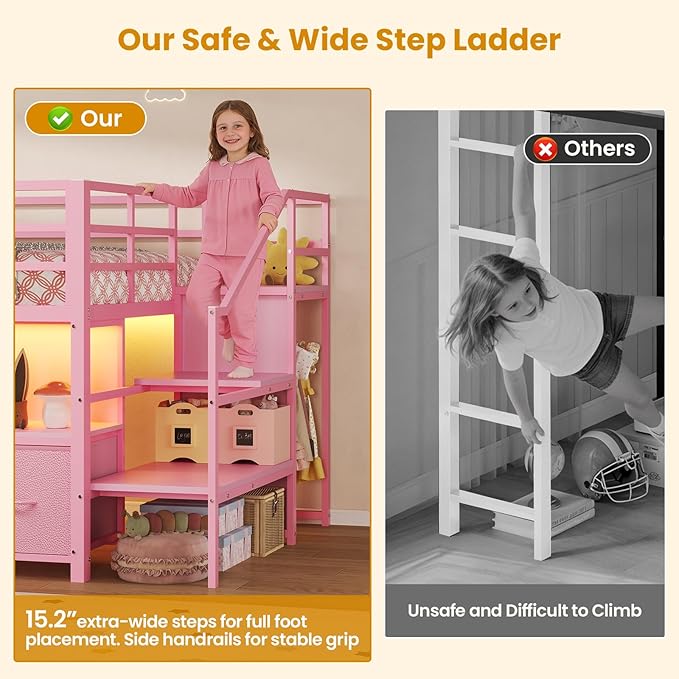 ADORNEVE Low Loft Bed Twin Size with Stairs,7 Drawers, Bookcase and LED Lights, Metal Kids Loft Bed with 14" H Safety Guardrail,Inclined Ladder and Play Curtain, Under-Bed Play Space, Pink
