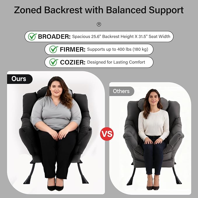 Lazy Chair with Ottoman, Modern Accent Chair with Lumbar Pillow, Black Sofa, Armchairs with Folding Footrest, Oversized Supportive Chairs for Bedroom, Reading