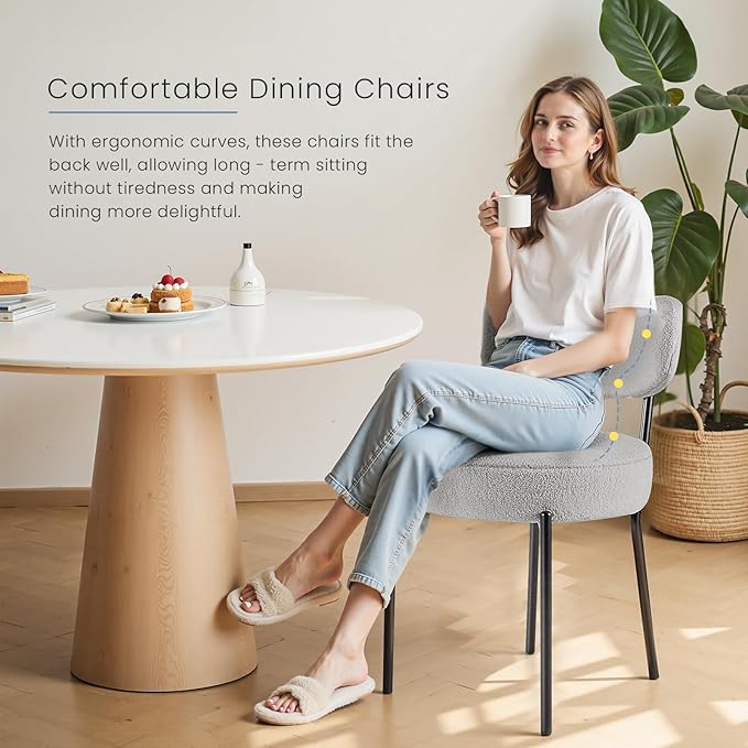 DUMOS Dining Chairs Set of 2, Mid Century Modern Chair Round Upholstered Curved Backrest, Kitchen Vanity Living Room Chairs with Black Metal Legs，Light Grey