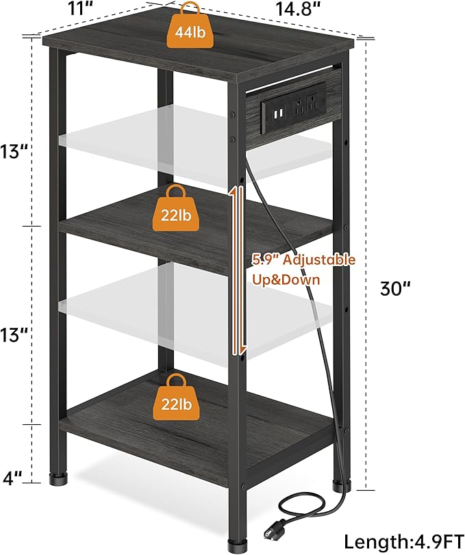 Asgolion Tall End Table with Charging Station, 3 Tier Narrow Beside Table with Adjustable Shelf, Tall Gray Side Table Nightstand for Bedroom, Living Room Coffe Table, Office, Charcoal Grey