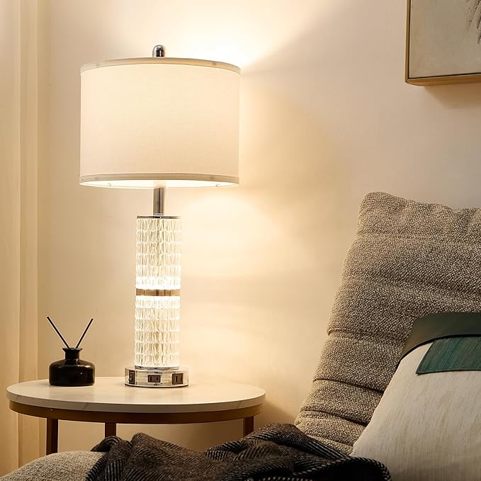 SAIWEYA Crystal Table Lamps Modern 3-Way Dimmable Bedside Lamp with 2 USB Ports & AC Outlets for Living Room Bedroom Nightstand Lamp Night Light