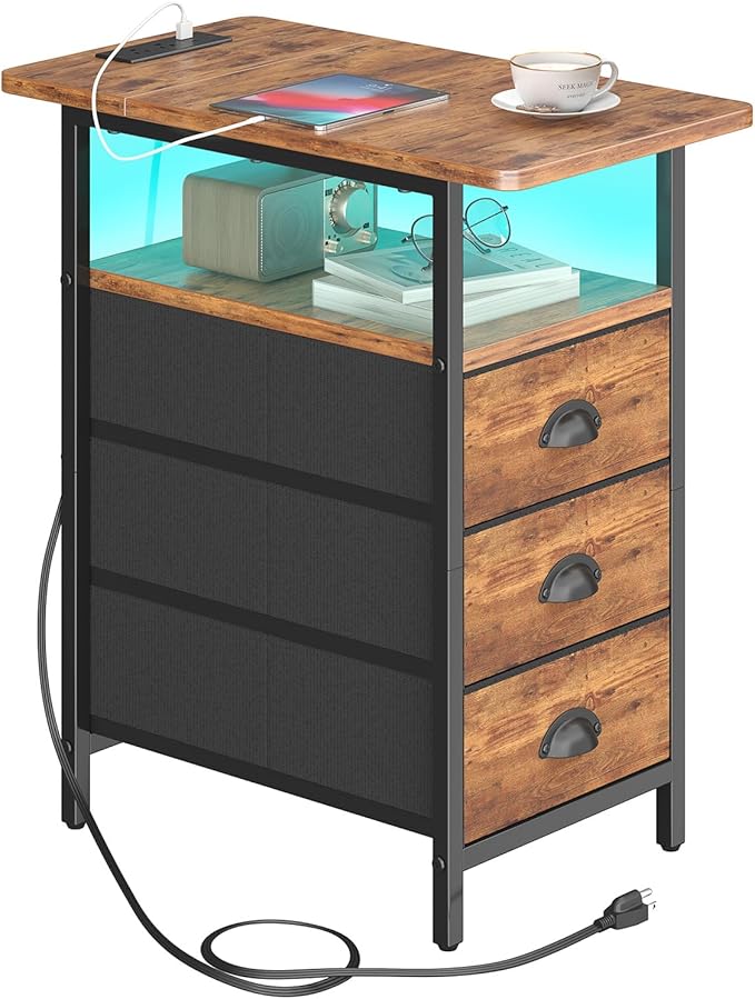 sthmec End Table with Charging Station,LED Side Tables with USB Ports and Outlets,Narrow Nightstands Bedside Tables with 3 Fabric Drawers for Small Space,Slim Sofa Table for Livingroom, Rustic Brown