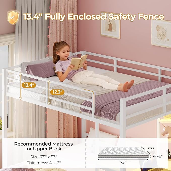 ADORNEVE Bunk Bed with Desk, Full Over Full Bunk Beds with Charging Station & Led Lights, 4 Storage Drawers & 2 Open Storage Shelves, Metal Loft Bed with Safety Guardrail & Ladder for Kids/Teen, White