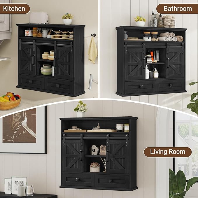 Vabches Bathroom Wall Cabinet, Farmhouse Medicine Cabinet with Double Sliding Barn Door and Storage Drawer, Wooden Vintage Storage Cabinet Wall Mounted for Bathroom, Kitchen, Rustic Black