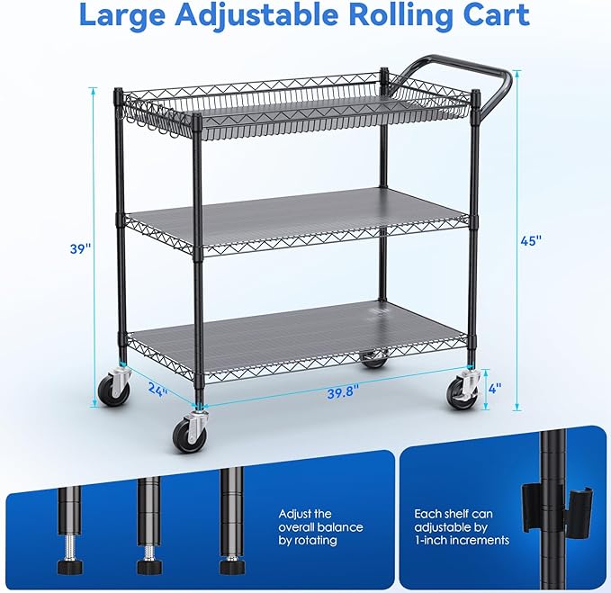 WDT 1350Lbs Capacity Heavy Duty Rolling Utility Cart, NSF Rolling Carts with Wheels,Commercial Grade Metal Cart with Handle Bar & Shelf Liner,Trolley Serving Cart for Restaurant,Kitchen,Black