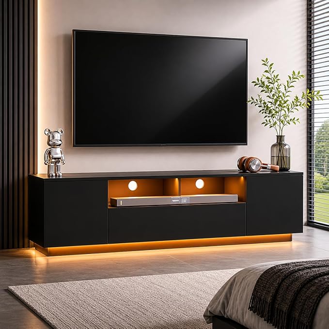 WLIVE LED TV Stand for 55/60/65 Inch TVs, Modern Entertainment Center with Storage Cabinets and Drawer, Gaming Media TV Console with RGB Lights for Living Room, Black