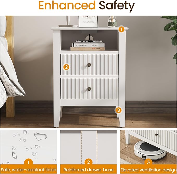 RoyalCraft White Nightstand with Charging Station, Fluted Night Stand for Bedroom, Small Sofa Table with 2 Storage Drawers Cabinet, Wood End Table for Bedroom