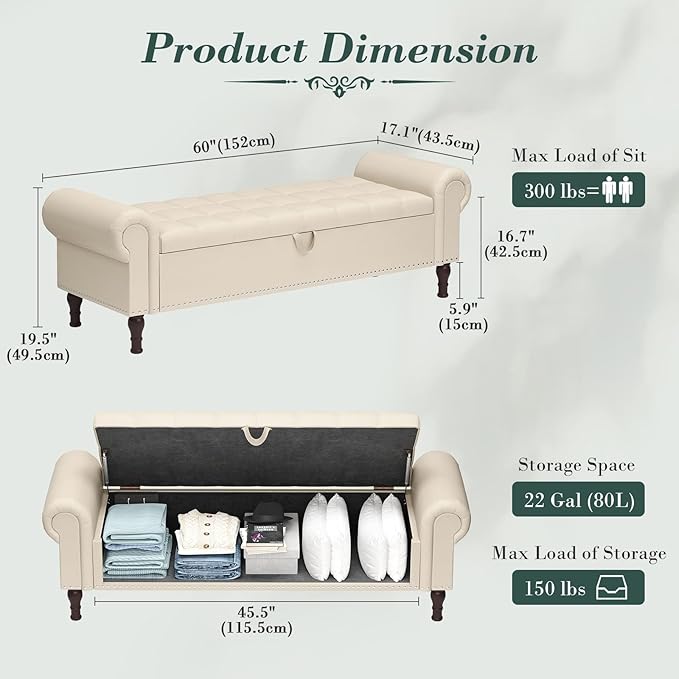 Apicizon 60” Bench with Storage, Faux Leather Ottoman Bench with Rolled Arm & Vintage Rivets, End of Bed Bench for Bedroom, Living Room, Entryway, Beige+Brown Legs