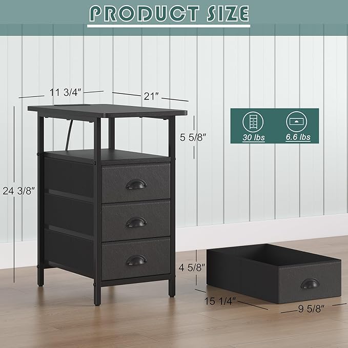 sthmec End Table with Charging Station,LED Side Tables with USB Ports and Outlets,Narrow Nightstands Bedside Tables with 3 Drawers PU Finish for Small Space,Slim Sofa Table for Livingroom,Black
