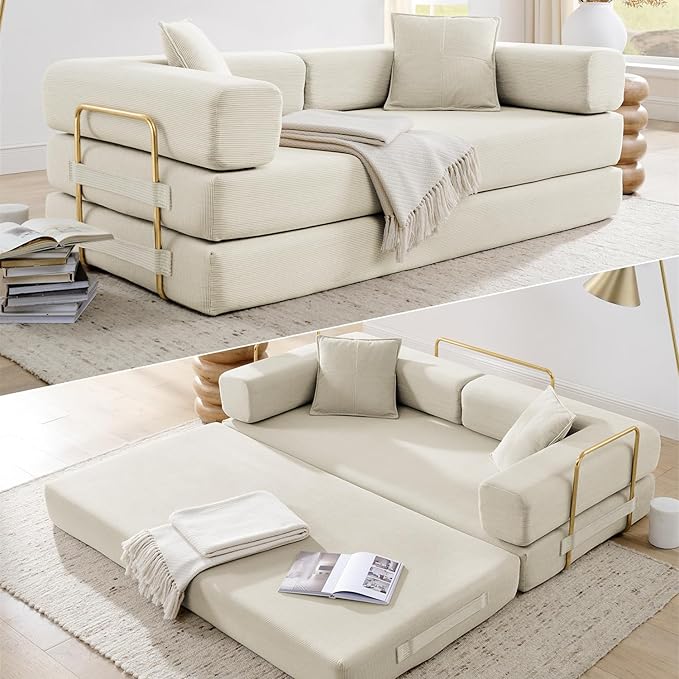 HANXIN 78 Inch Convertible Sleeper Sofa Bed, Folding Floor Mattress Couch with Fixed-Shape Frame, Futon Boneless Couch Lounge Loveseat with Pull Out Bed, No Assembly Required (Beige)