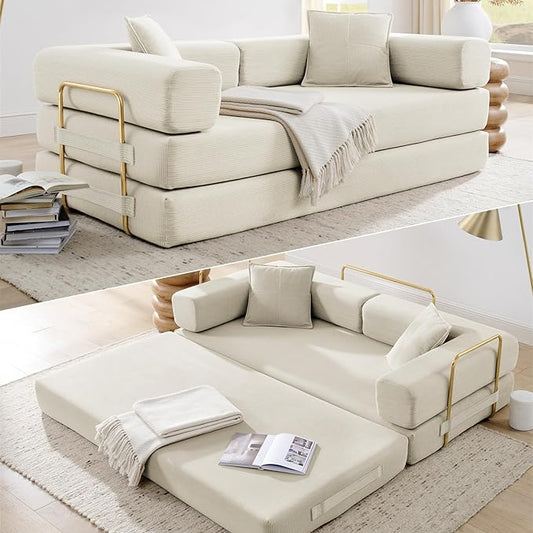 HANXIN 78 Inch Convertible Sleeper Sofa Bed, Folding Floor Mattress Couch with Fixed-Shape Frame, Futon Boneless Couch Lounge Loveseat with Pull Out Bed, No Assembly Required (Beige)