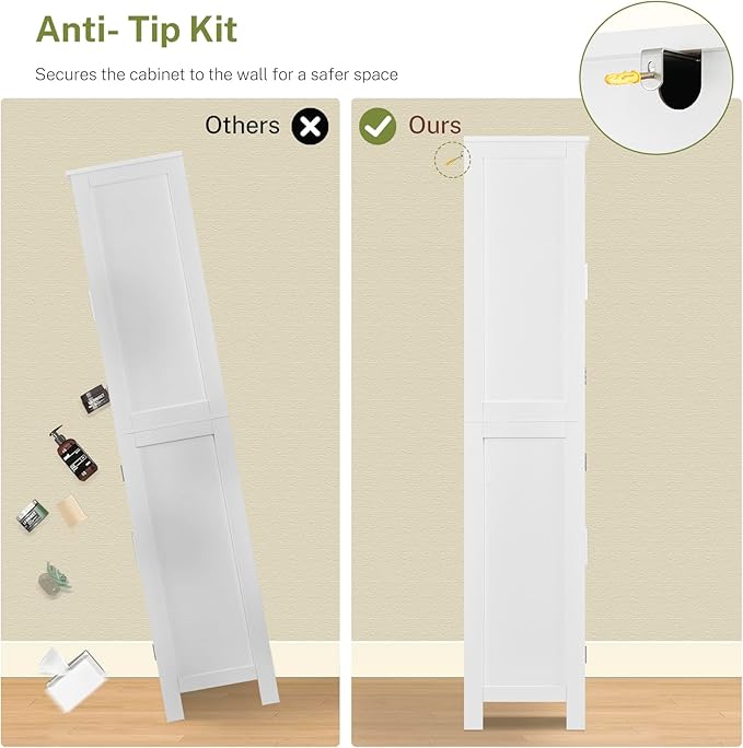 TEENFON 67” Storage Cabinet, Kitchen Pantry Cabinet with 4 Doors and 2 Adjustable Shelves, Cupboard, Tall Bathroom Cabinets for Dining Room, Living Room, White