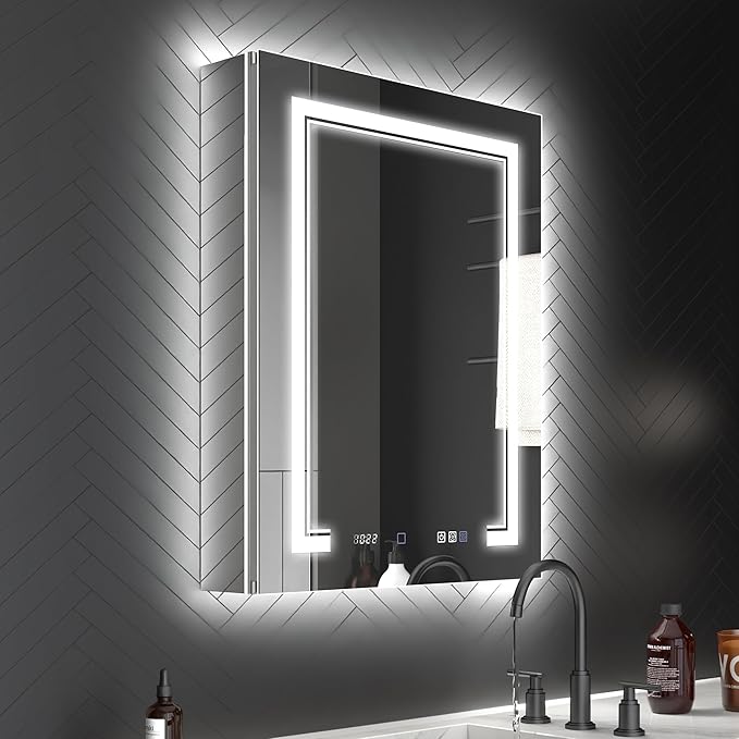 ExBrite 24 x 32 LED Lighted Medicine Cabinet with Mirror, Front & Backlit, Night Light, Clock & Temp Display, Defog, 5X Magnifier, 3-Color Dimmable LED, Surface/Recessed Mount, Hinge On the Right