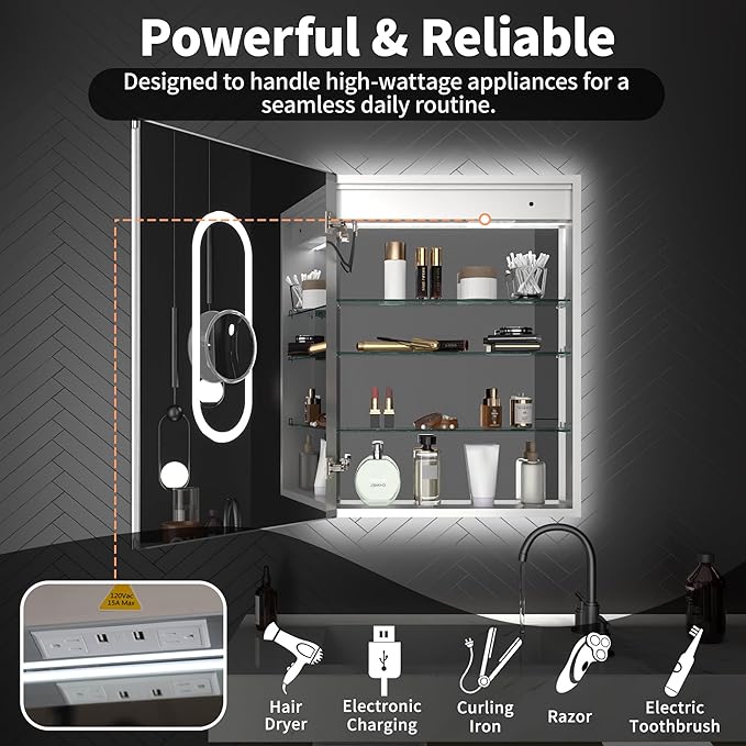 ExBrite 24x32 LED Lighted Medicine Cabinet with Mirror, Front & Backlit, Night Light, Clock & Temp Display, Defog, 5X Magnifier, 3-Color Dimmable LED, Surface or Recessed Mount, Hinge On the Left