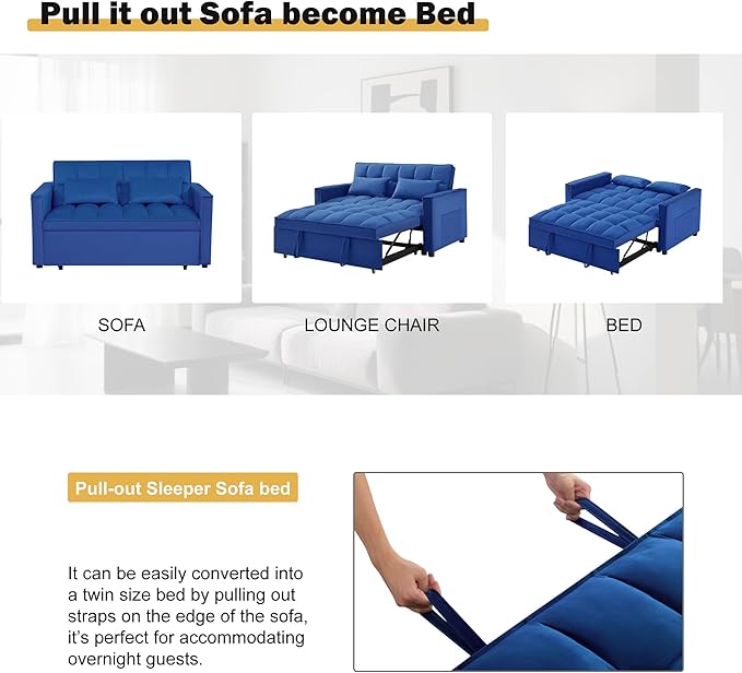 3 in 1 Convertible Sleeper Sofa Bed, Velvet Fabric Loveseat Sofa Bed with Adjustable Backrest & Large Side Pockets, Pull Out Couch for Small Spaces, Apartment, Living Room, Blue