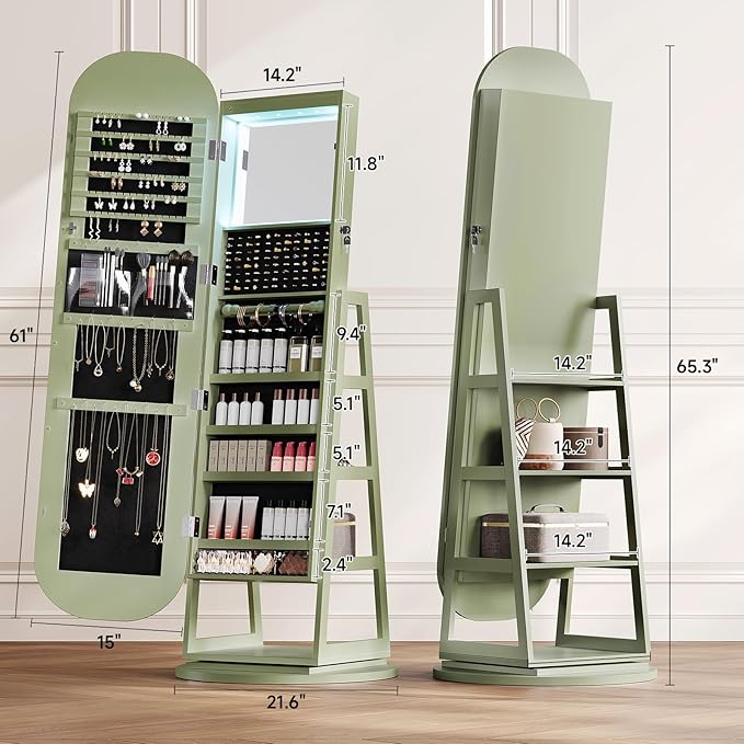 360° Swivel Jewelry Mirror Cabinet with Lights, Inside Makeup Mirror, Standing Jewelry Armoire Organizer, Rotatable Full-Length Mirror with Jewelry Storage, Lockable with Back Storage Shelves (Green)