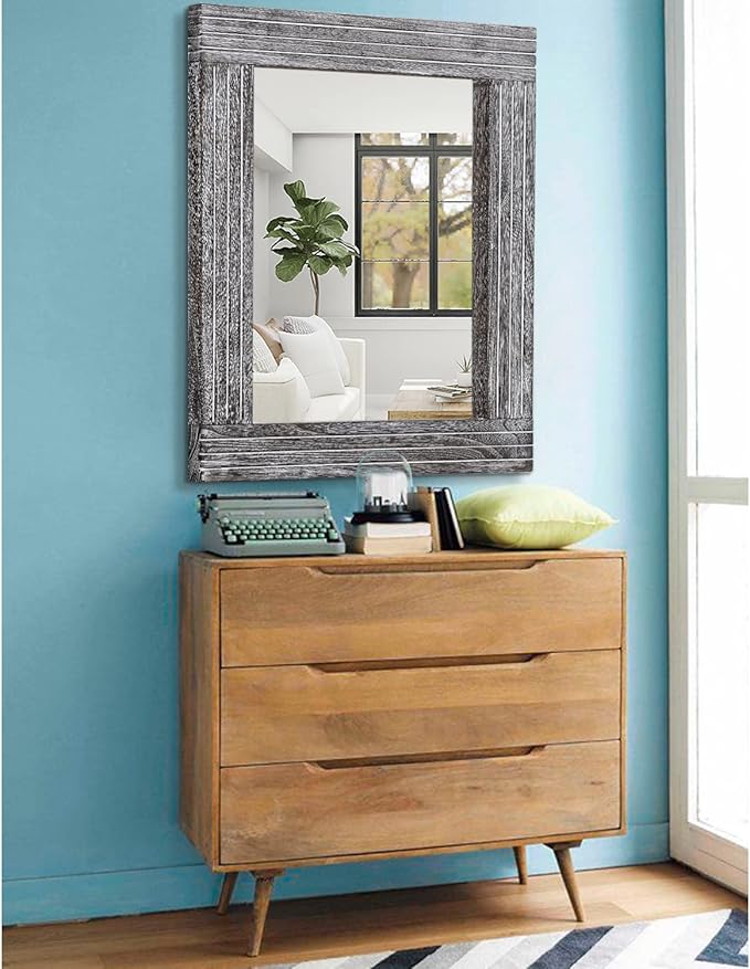Wall Mirror Rustic Wooden Frame Rectangle Mirror Vintage Hanging Mirror for Bedroom Bathroom Living Room Farmhouse Wall Decor Large 26" x 18"