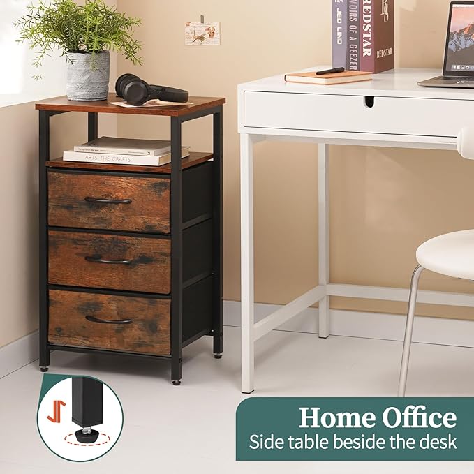 Yoobure Night Stand with Charging Station, 16 Colors LED Nightstand with USB Ports and Outlets, End Table with 3 Fabric Drawers and Storage Shelf, Bedside Tables Small Dresser for Small Space, Brown