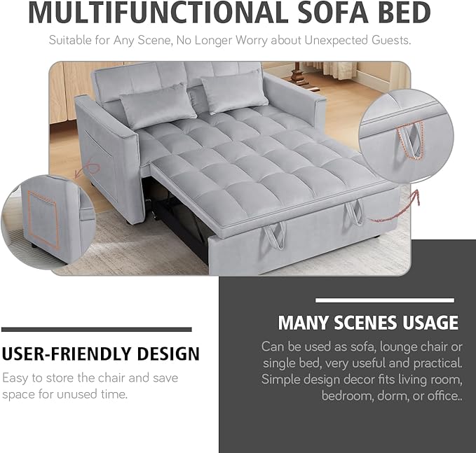3 in 1 Convertible Sleeper Sofa Bed, 54'' Full Size Velvet Pull Out Futon Couch Recliner with Reclining Backrest & 2 Pillows, Small Loveseat Lounge Couches for Small Spaces (Silver Grey)