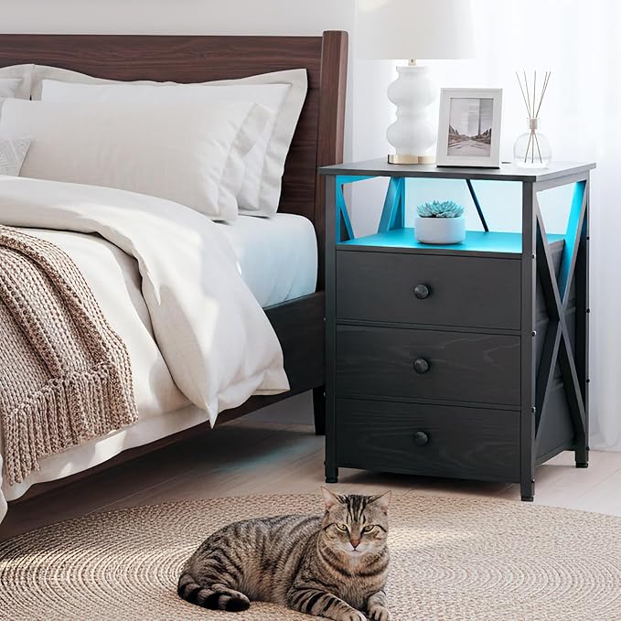 AMHANCIBLE Night Stand Set 2, LED Nightstand with Charging Station, End Side Tables with USB Port & Outlet, Bedside Table with Fabric Drawers for Bedroom, Black, HET053LBK