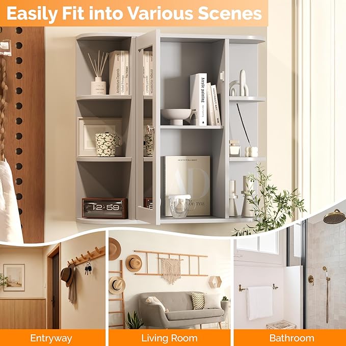 VINGLI Grey Mirror Medicine Cabinet Wall Mounted, Bathroom Storage Organizer Over Toilet with 6 Open Curved Shelves, Adjustable Vanity Cupboard with Single Door for Entryway & Living Room, Grey