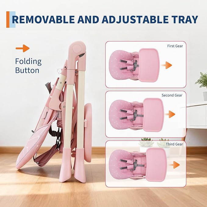 Baby High Chair, Foldable Feeding Chairs for Babies and Toddlers, Adjustable Height/Backrest/Footrest, Removable Tray, Fast Folding Pink