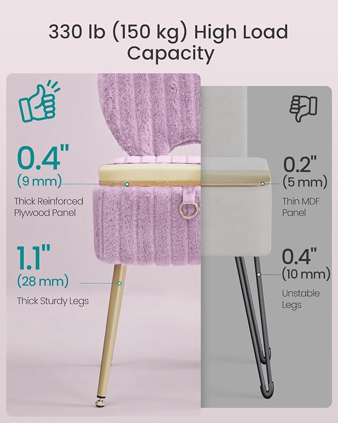SONGMICS Small Vanity Chair with Storage and Folding Back, Vanity Stool, Footrest Footstool Ottoman, Dressing Table Stool, Furry Padded Seat, for Makeup Room, Bedroom, Light Lilac ULOM532PE01