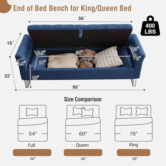 66'' End of Bed Bench with Storage for Bedroom King Size, Long Bedroom Benches for Foot of Bed King, Teddy Storage Bed Bench with Armrest & 2 Pillows for Entryway, Navy Blue