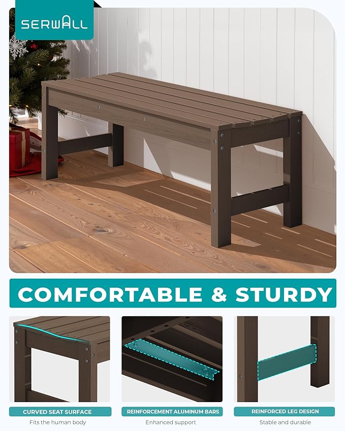 SERWALL 47 Inches Outdoor Bench Set of 2, All Weather HDPE Backless Bench with Wood Grain Texture for Garden Porch and Park, Curved Bench Seat for Comfort, Coffee