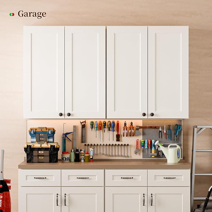 Kisart Laundry Room Cabinets Wall Mounted with Doors & Shelves, Solid Wood RTA Medicine Storage Cabinet, 27Wx42Hx12D Inch White Shaker Hanging Cupboard, Space-Saving for Kitchen, Bathroom, Garage