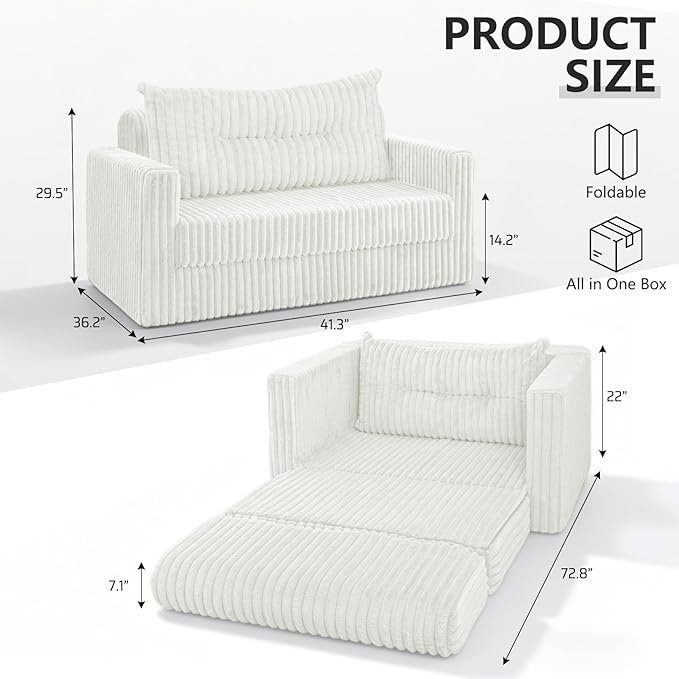 HABUTWAY 41.3" Loveseat Boneless Couch, 4-in-1 Convertible Sofa Bed, Plush Fur Folding Futon Sofa Bed Couches with a Pillow for Living Room, High-Density Foam Support, No Assembly Required, Beige