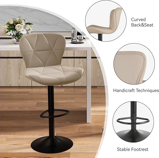 Nalupatio Modern Bar Stools Set of 3, Adjustable Faux Leather Upholstered Swivel Bar Stools, Counter Bar Chairs with Back for Kitchen Island, Khaki