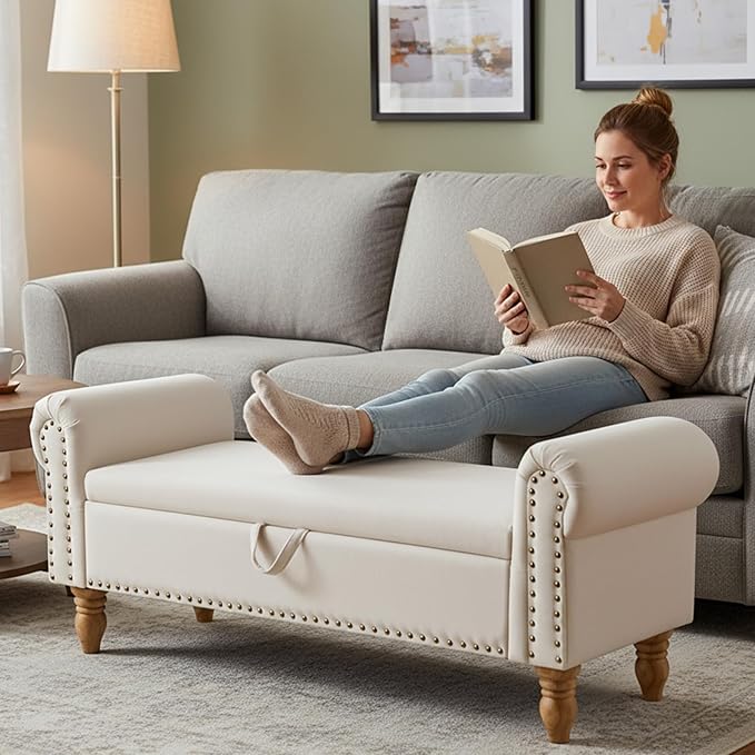 51.5" Bench for Bedroom End of Bed Storage Bench, Upholstered Linen Storage Ottoman with Rolled Arms for Bedroom, Living Room, Entryway, Beige