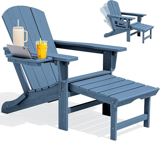 SERWALL Folding Adjustable Adirondack Chair with Footrest, HDPE Outdoor Chair with 4-in-1 Cup Holders, All Weather Adirondack Chair with Ottoman, Blue