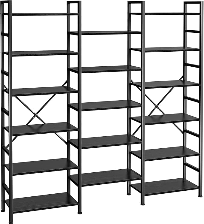 SUPERJARE Triple Bookshelf, Bookcase with 17 Open Display Shelves, Wide Book Shelf Book Case for Home & Office, 6 Tier, Black