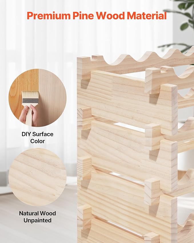 VEVOR 96 Bottle Stackable Modular Wine Rack, 8-Tier Wine Bottle Holder,Solid Wood Floor Freestanding Wine Storage Rack for Pinot Noir Bottles,for Kitchen, Cellar, and Bar, Natural