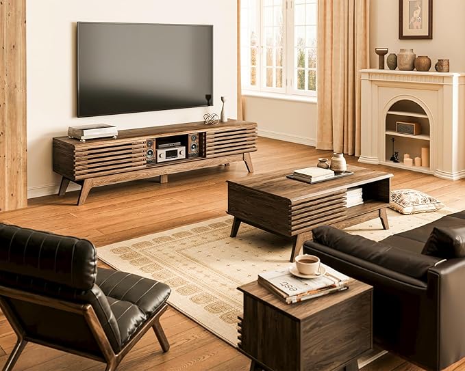 AODK 70.8" TV Stand for 55"/65"/75" TVs, Mid-Century Modern Fluted Entertainment Center with Sliding Doors, Storage Cabinets & Media Console Table, Living Room & Bedroom, Walnut