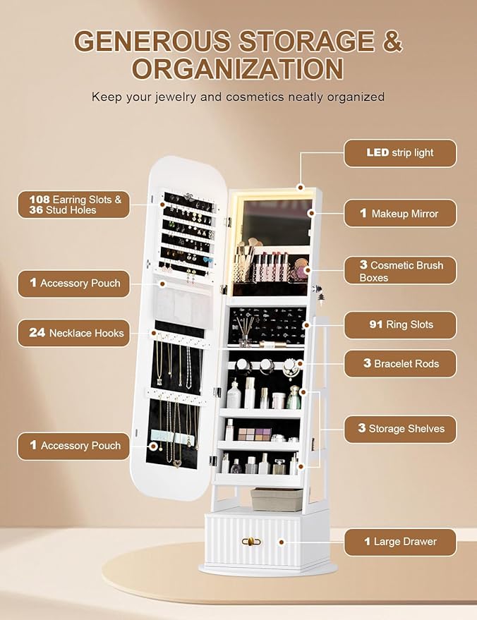 360° Swivel Jewelry Cabinet with Lights - RGB Vanity Mirror | Rotatable Full Length Mirror with Jewelry Storage, Standing Jewelry Armoire Organizer, Foldable Makeup Shelf, White (White)