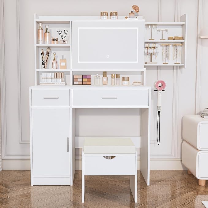 Viaozutis Vanity Desk with Mirror and Lights, with Hidden Shelves,4 Compartments,2 Drawers,Cabinet & Stool,Dimmable LED Lights,Power Outlets, Ideal for Bedroom Vanity Organization(White)