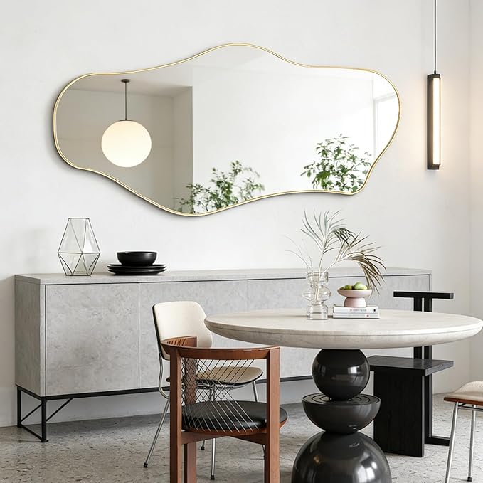 Large Irregular Mirror, 55"x25.6" Asymmetrical Aesthetic Mirror with Gold Metal Frame, Modern Organic Mirrors for Living Room Bedroom Hallway Entryway, Horizontal or Vertical Hanging