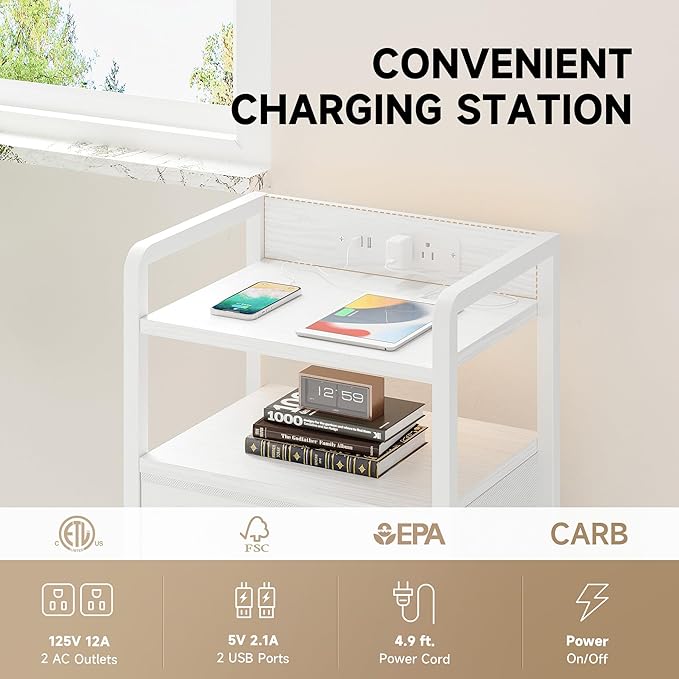 Lazzanto Night Stand Bedside Charger Bedroom - Nightstand with Charging Station, 2 U-S-B Ports & 2 AC Outlets, Tall Bed Side Table with LED Light Strip, Storage Shelf & 4 Fabric Drawers, White
