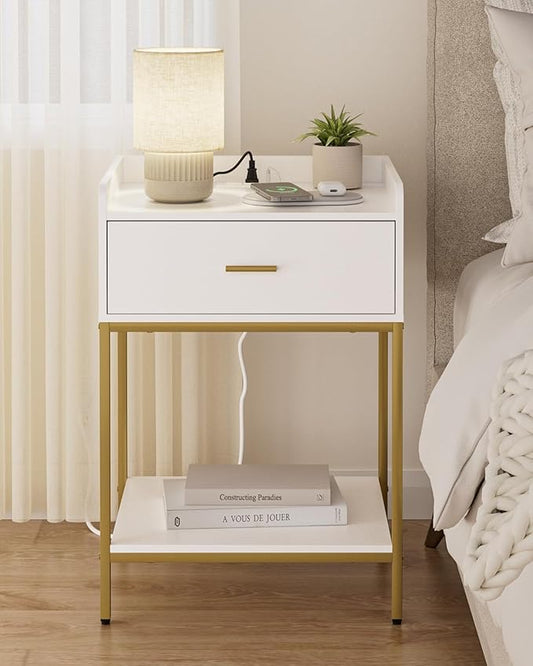 Masupu Nightstand with Charging Station, 3-Tier Modern Bedside Night Stand with Storage Drawer and Shelf, Large End Side Table for Bedroom, Living Room,White