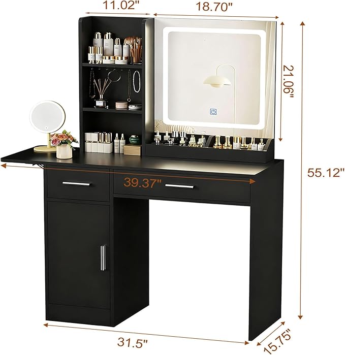 ERLEJIA Vanity Desk with Mirror and Lights, 39.37" 4 Drawers Makeup Desk Without Stool, Extra Foldable Desk with 3 Open Shelves Make Up Table for Girls and Ladies Bedroom, Black