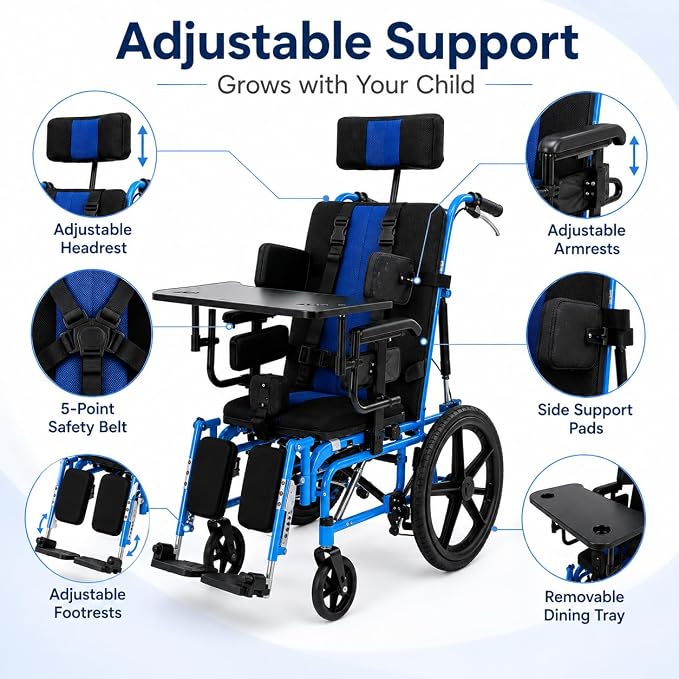 Full Reclining Pediatric Wheelchair – Heavy Duty Folding Kids Wheelchair with Headrest, Meal Tray & Elevating Footrest, Medical Mobility Chair for Home, Travel & Rehabilitation (Blue)